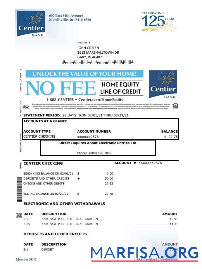 Downloadable USA Indiana Centier bank statement excel example